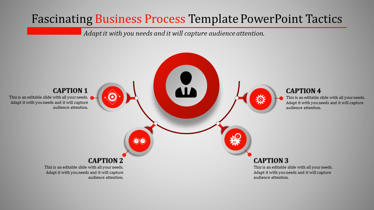 Red themed infographic with a main circle at the center and four icons linked in a semi circular design on gray backdrop.