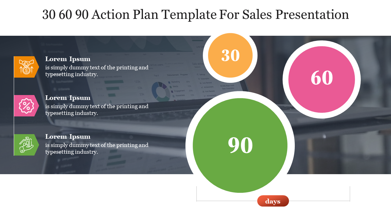 Sales action plan template featuring 30, 60, and 90 day goals, displayed within colored circles placed in a dark background.