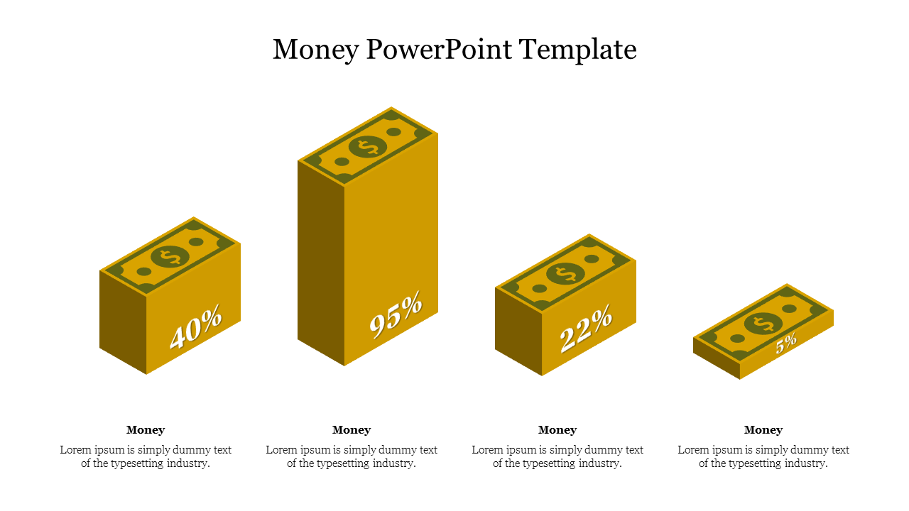 Four gold money block diagrams showcasing percentages in ascending and descending sizes each with a caption areas.