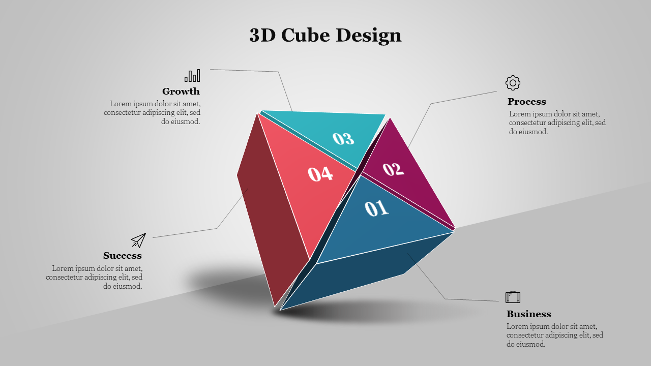 Three dimensional cube design illustrating key business concepts with descriptive text next to each facet with icons.