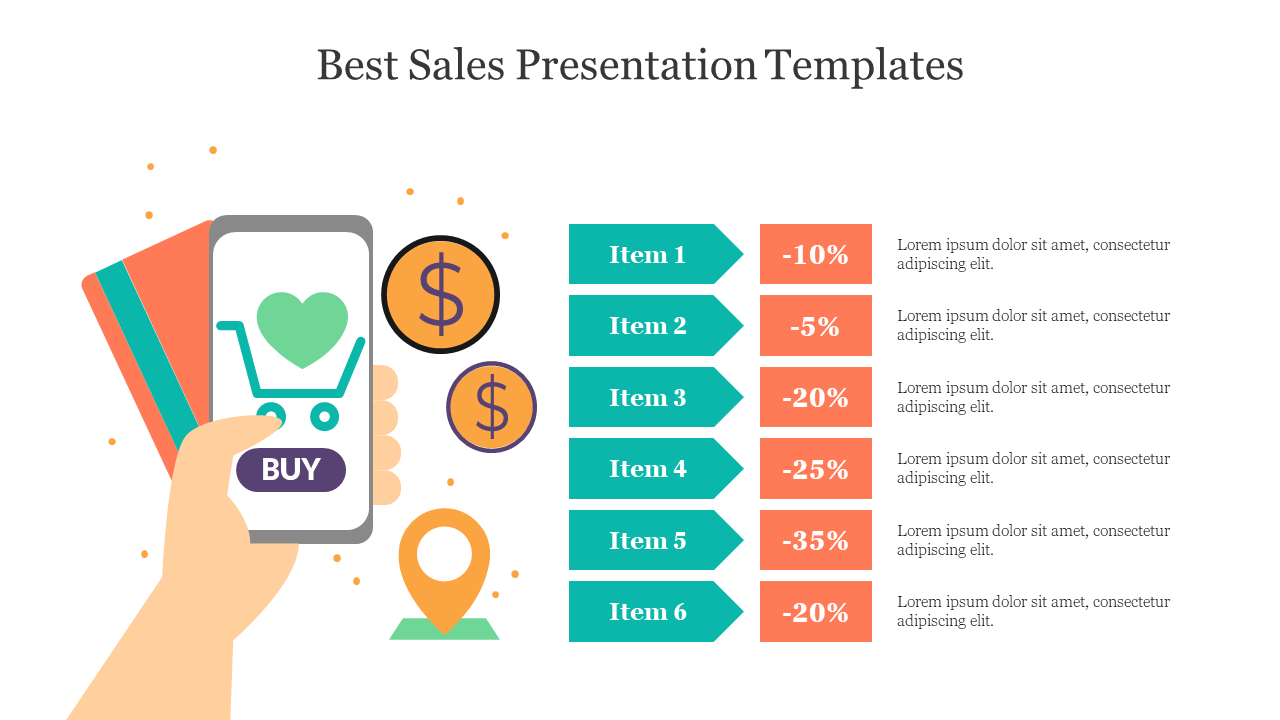 A PowerPoint template for sales with discount offers on six items and a mobile shopping icon.