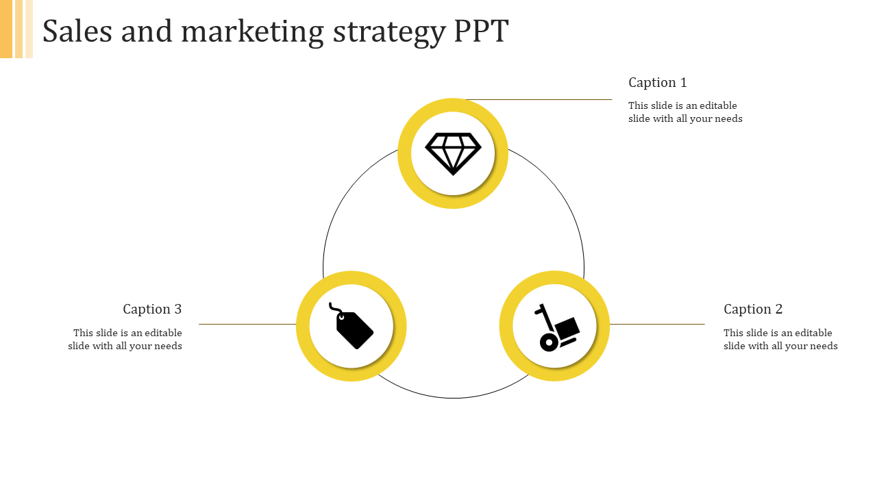 Three-step marketing and sales framework with a circular connection, highlighting a diamond symbol and key business icons.