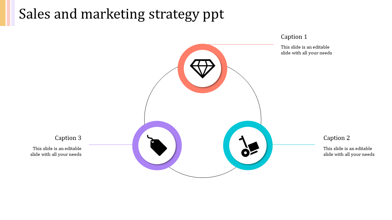 Three step process shown in circular flow with icons in red, blue, and purple rings, paired with captions.