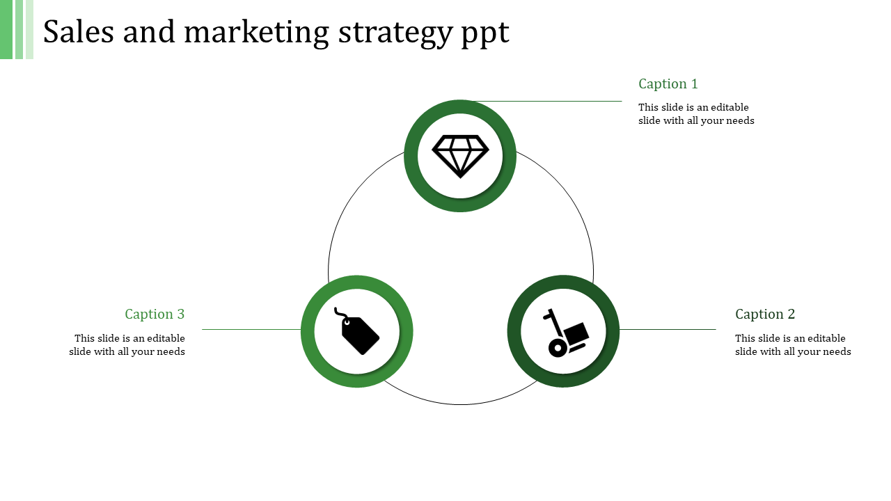 Infographic slide featuring three green highlighted icons connected in a circular flow with corresponding captions.