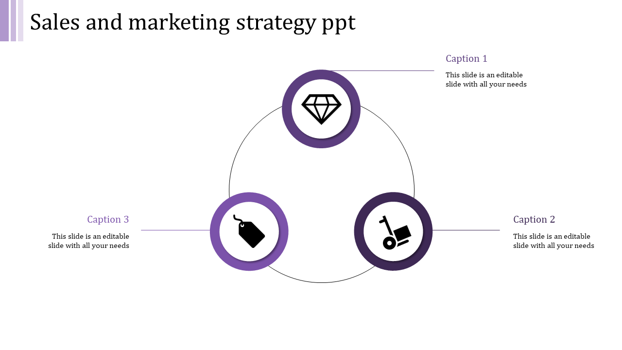 A PowerPoint template illustrating a sales and marketing strategy with icons for diamond, price tag, and cart.