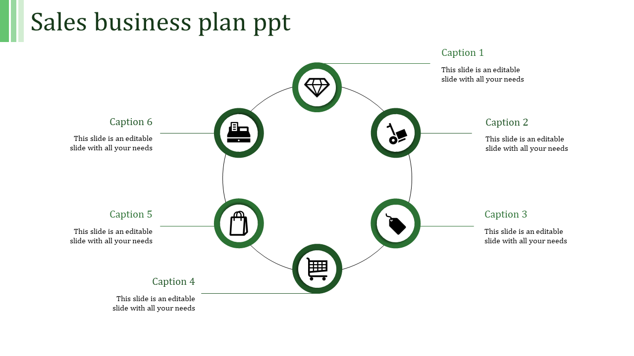 Circular layout with six gray outlined icons connected by thin lines, featuring symbols for sales and marketing.