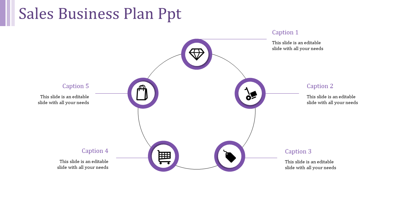 Purple-themed business plan infographic showing six labeled icons arranged in a circular structure.