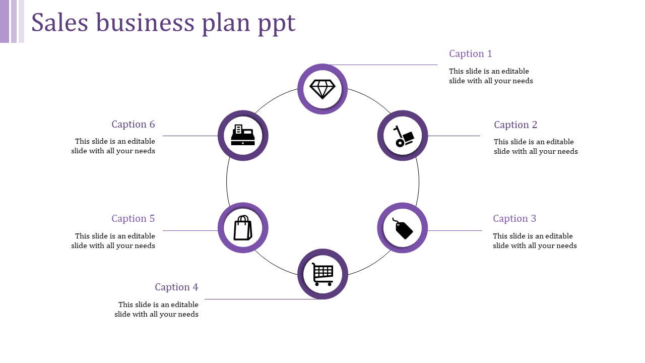 Sales business plan slide with a circular arrangement of six purple icons connected by lines and captions nearby.