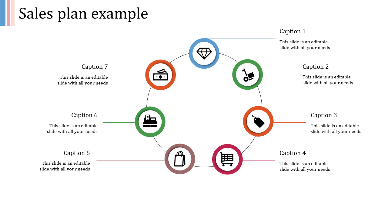 Circular sales plan template featuring seven icons, including a diamond, wallet, and shopping cart, each with a caption area.