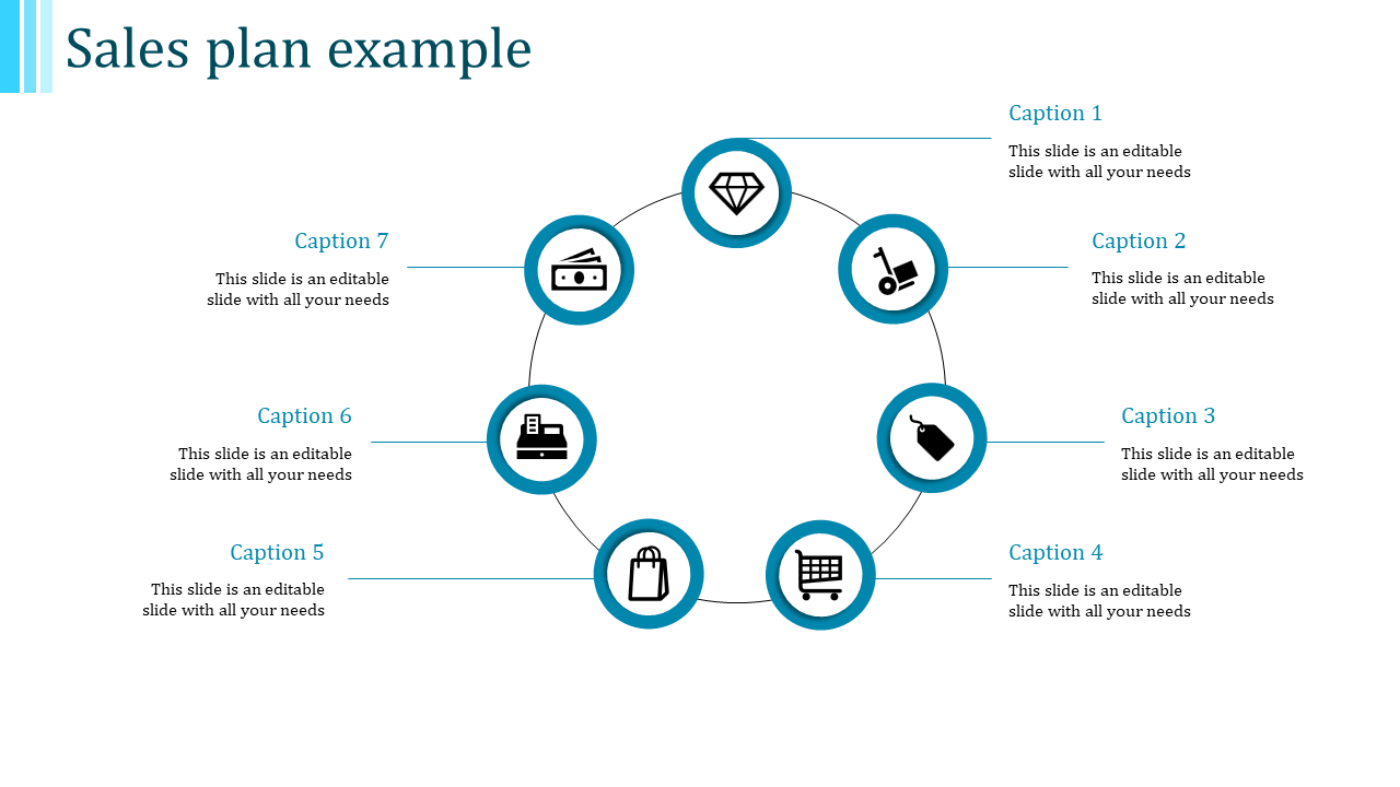 Sales plan template with blue circular icons and seven steps with corresponding captions.