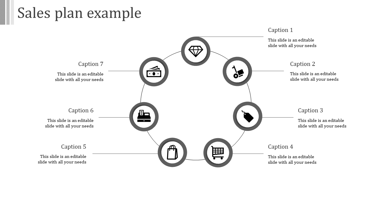 Sales plan example slide in grayscale with business icons and captions arranged in a circular flow.