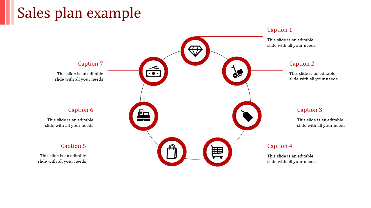 Circular layout with seven red bordered icons connected by thin lines, depicting sales elements with captions around.