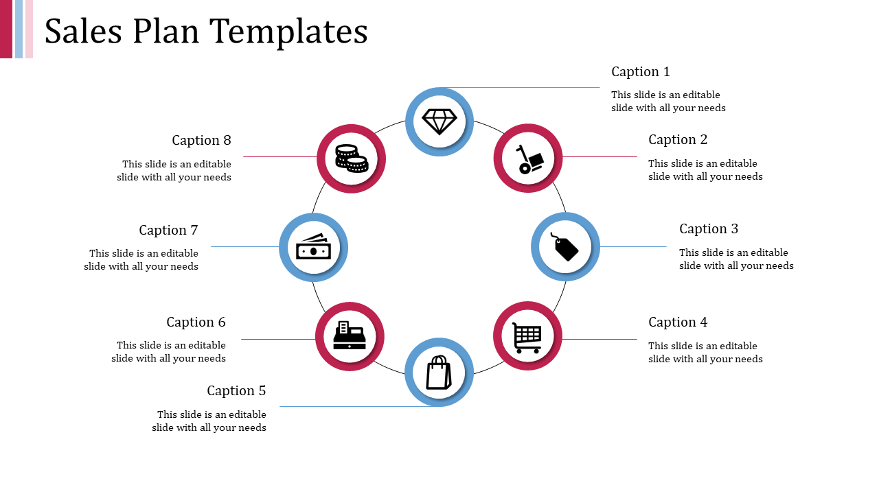 Sales plan slide with a circular layout of eight colored icons in red and blue nodes, each with captions.