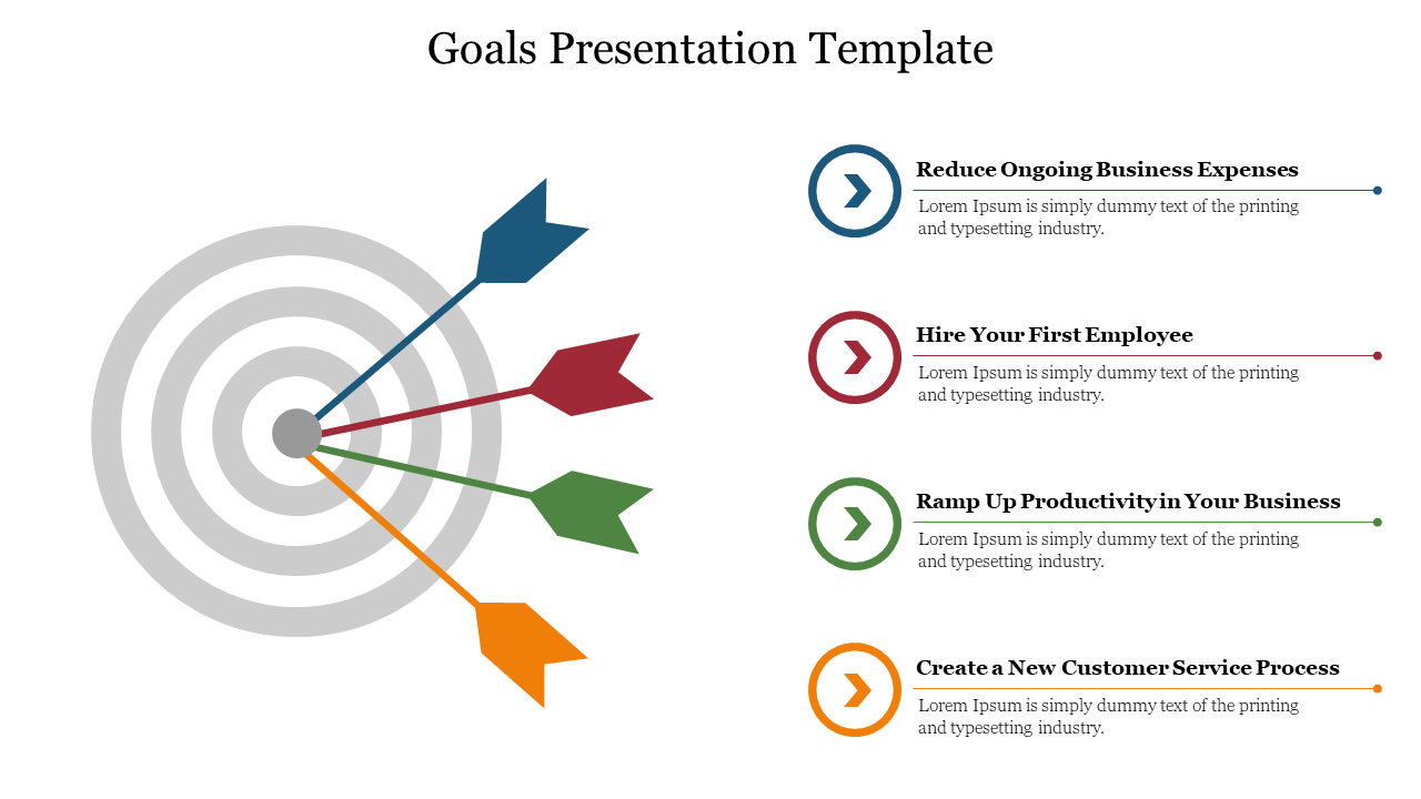 Goals template with a target and four  arrows, pointing to  different objectives, each pointing to a text placeholder.