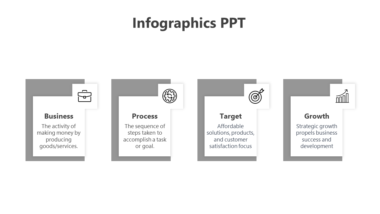 Infographics PowerPoint slide with icons and definitions for business, process, target, and growth with placeholder text.