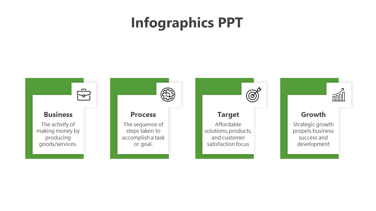 Infographics PowerPoint slide with four green color box Business to Growth sections, each with a corresponding icon.