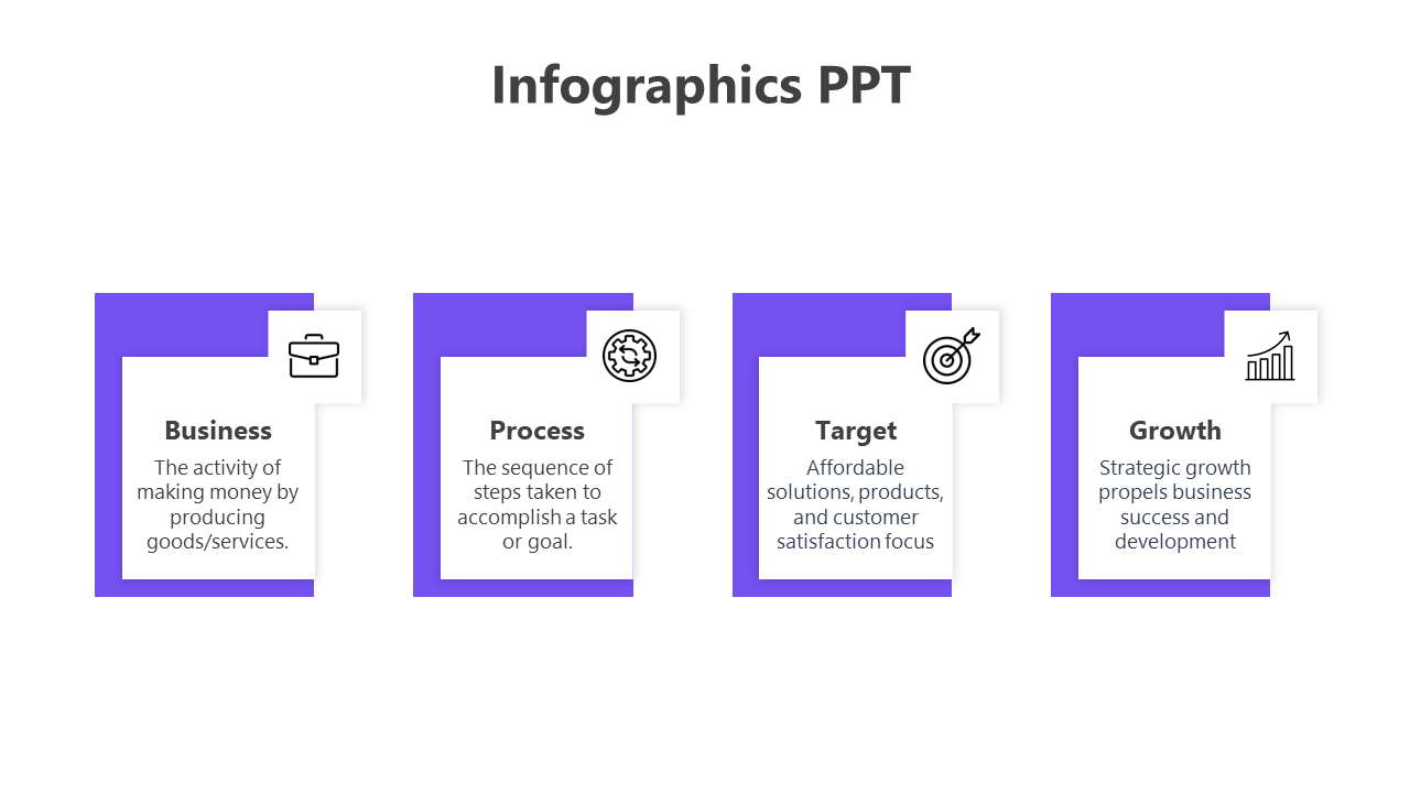 Infographics PowerPoint slide with four purple color boxes from business to growth sections, each with a corresponding icon.