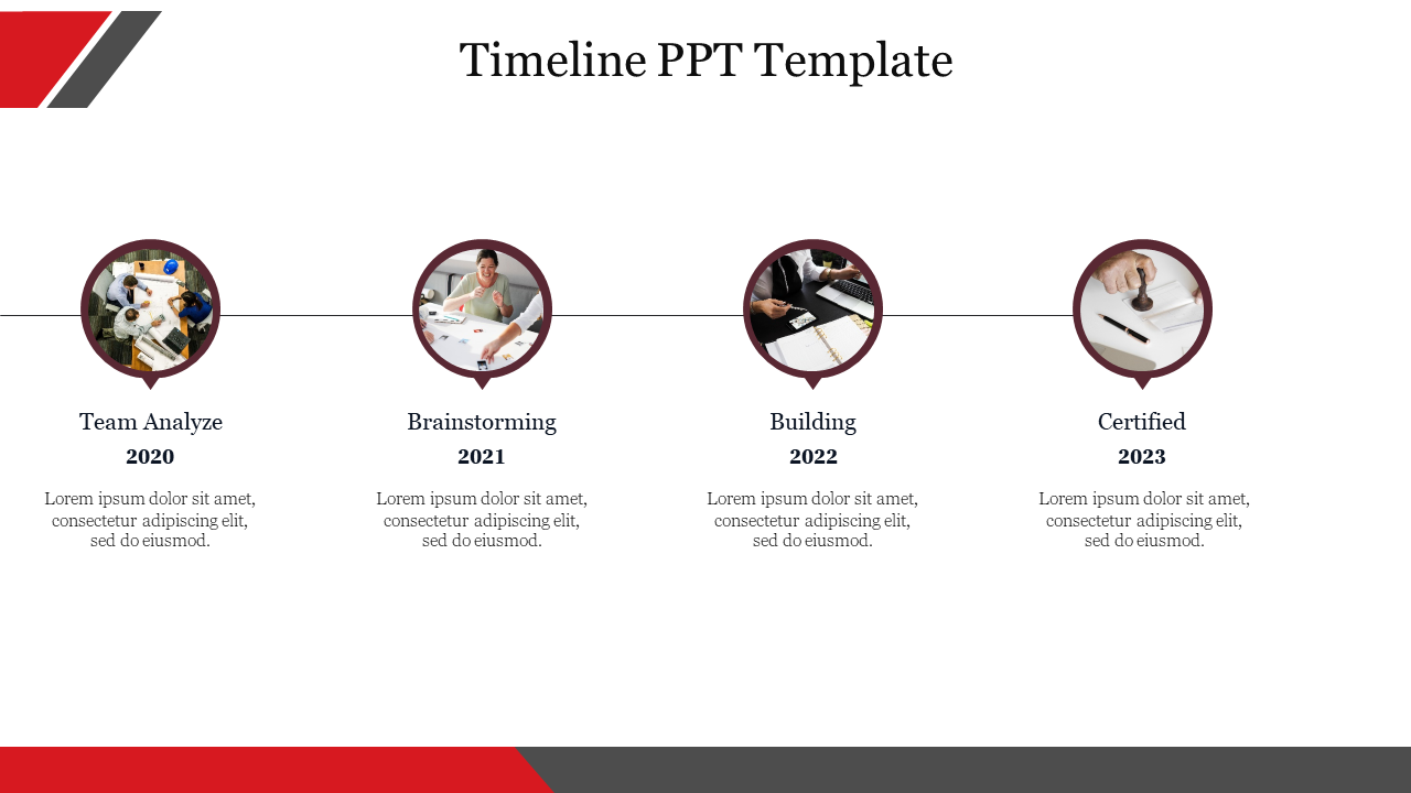 Horizontal timeline with four circular markers, connected by a line and labeled with years 2020 to 2023.