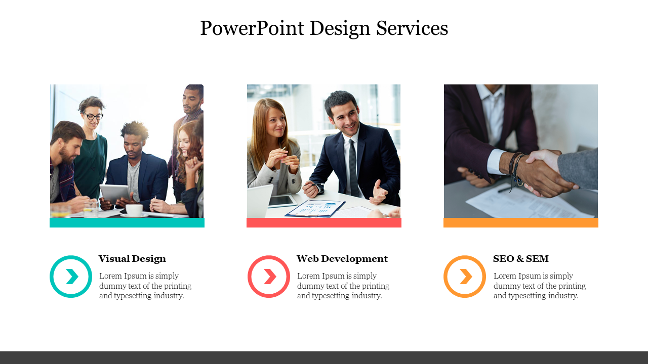 Three column layout with images above text, featuring teal, red, and orange arrow icons for design services.