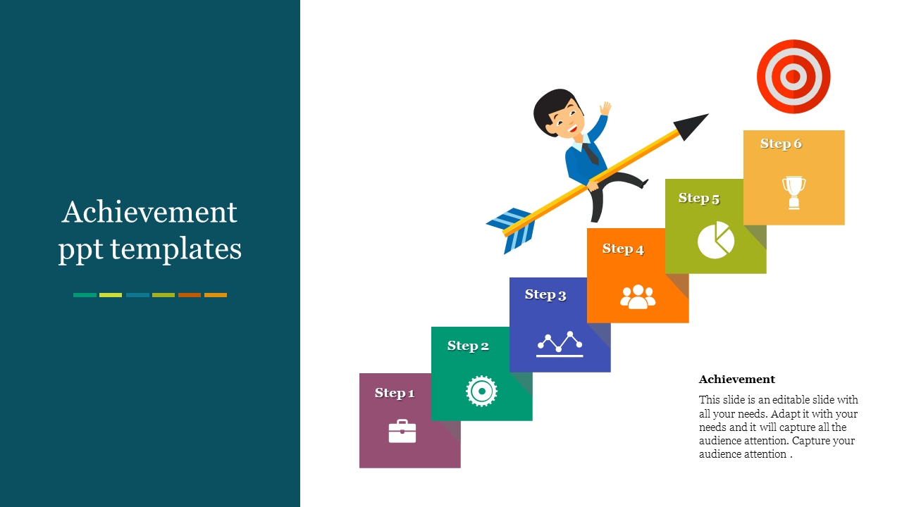 Visual representation of achievement steps showing six ascending blocks with icons and a character holding an arrow pointing.