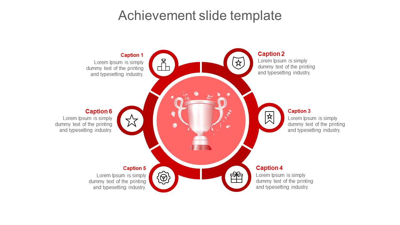 Slide for displaying achievements with a red background, a trophy in the center, and six icons related to awards.