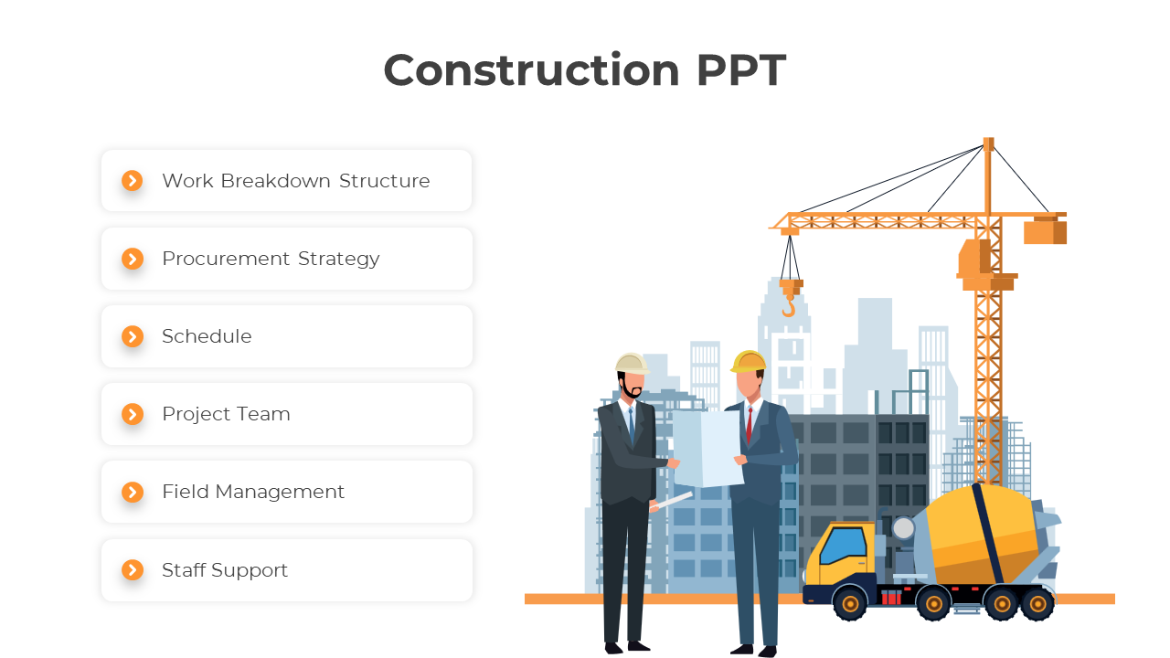 Construction slide with workflow steps  alongside a crane and a cement truck and illustrated construction site background.