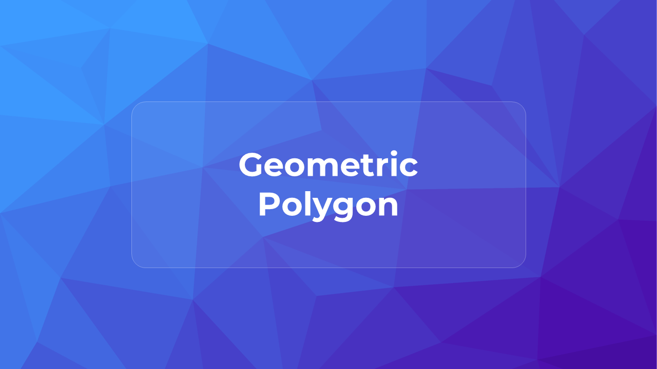 Slide with a blue and purple geometric polygon background, featuring centered white text inside a subtle rectangular outline.