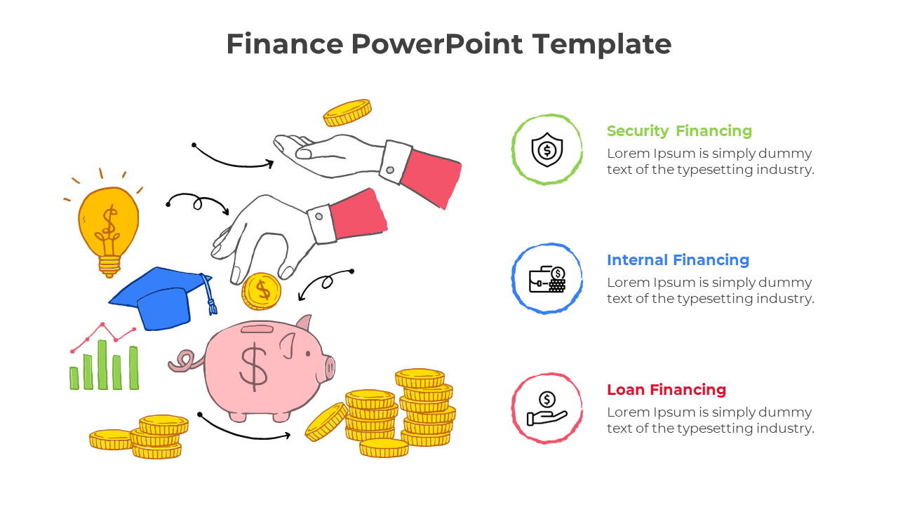 Finance PowerPoint template showcasing security, internal, and loan financing with relevant icons with placeholder text.