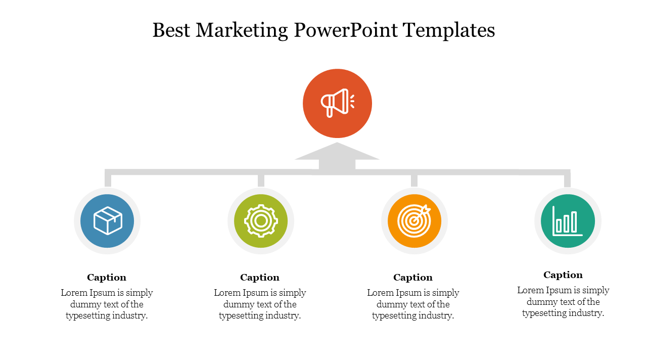 Marketing diagram with a central megaphone icon linked to four colored circular icons below each with captions areas.