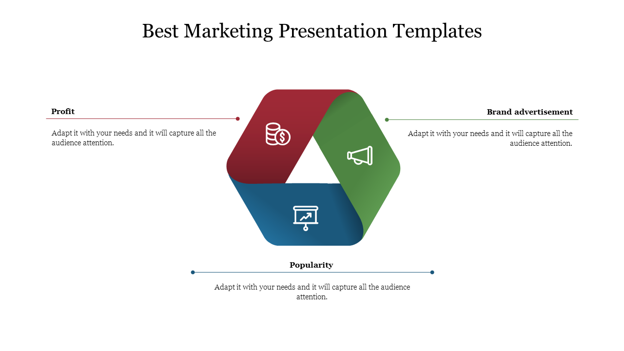 Hexagonal diagram with three colored sections in red, green, and blue, each representing a marketing concept and an icon.