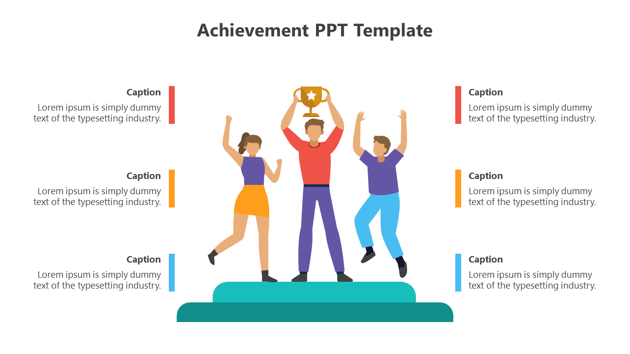 Illustration of three individuals standing on a green podium, the central figure holding a trophy and six captions around it.