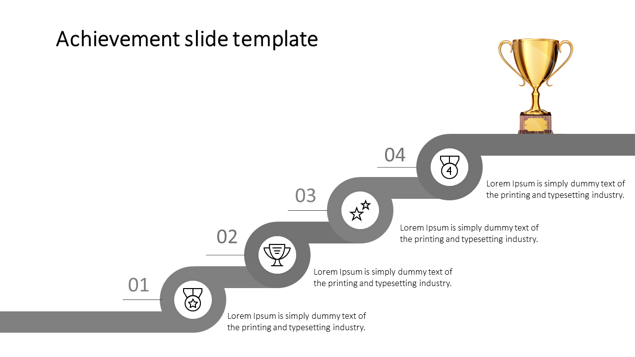 PowerPoint template featuring a step by step achievement path with grey icons and a trophy at the top.