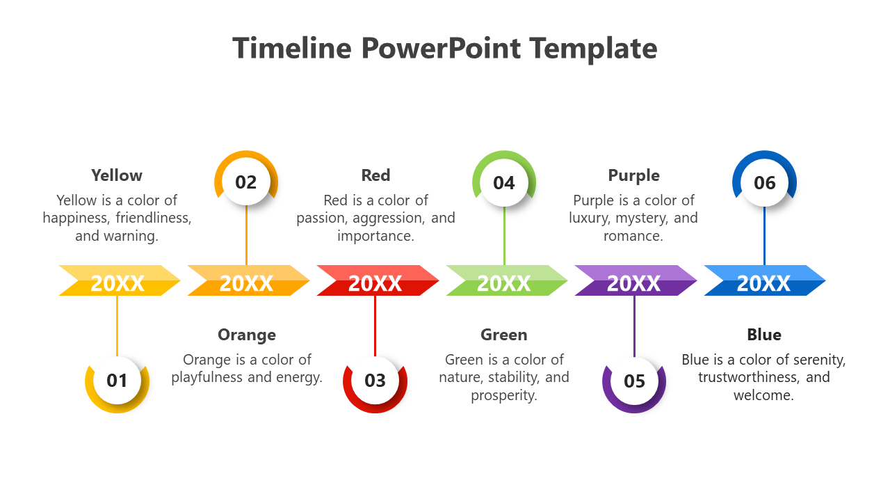 Slide with six arrows in yellow, orange, red, green, purple, and blue, each labeled with a year and corresponding text.