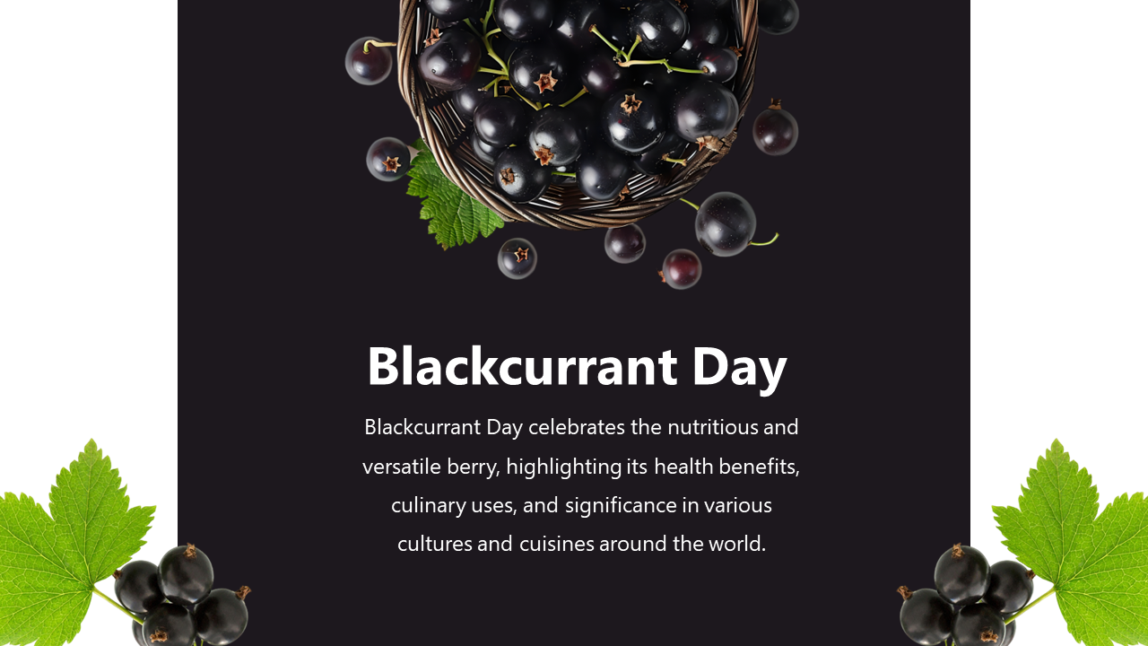 Blackcurrant day poster showcasing a basket of fresh blackcurrants on a dark background, celebrating their health benefits.