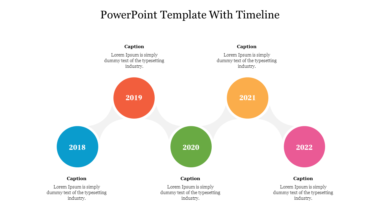 A colorful timeline PowerPoint template showing the years 2018 to 2022 with circular icons and captions.