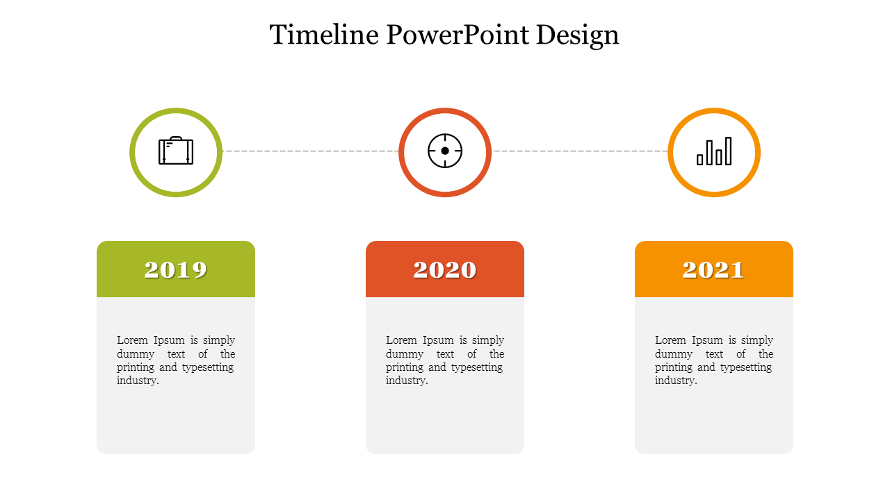 Timeline design with three milestones for 2019, 2020, and 2021, connected by a dotted line and icons.