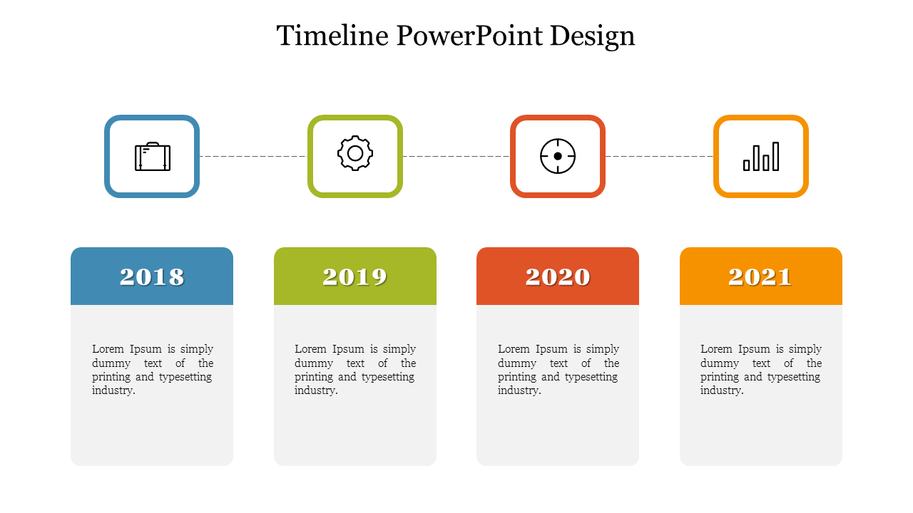 Timeline design with four colored rectangles in blue, green, red, and orange, connected by icons in square frames.