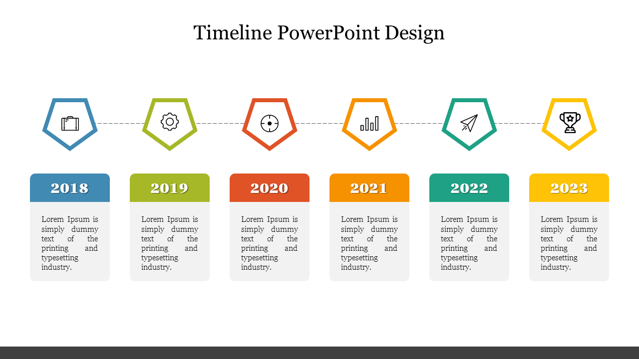 Colorful timeline displaying years 2018 to 2023 with icons and text boxes under each milestone.