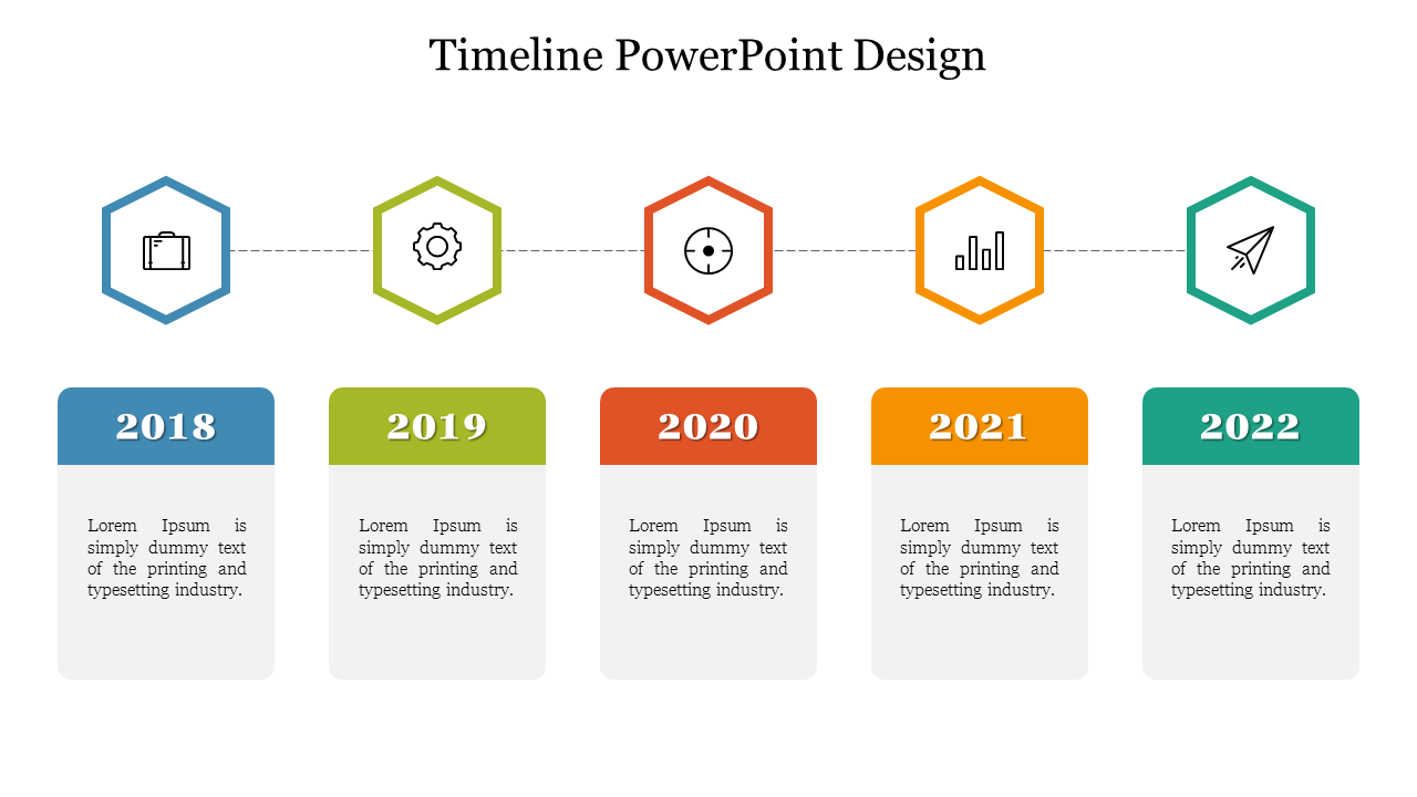 A slide featuring a timeline from 2018 to 2022, with icons representing each year and caption areas.