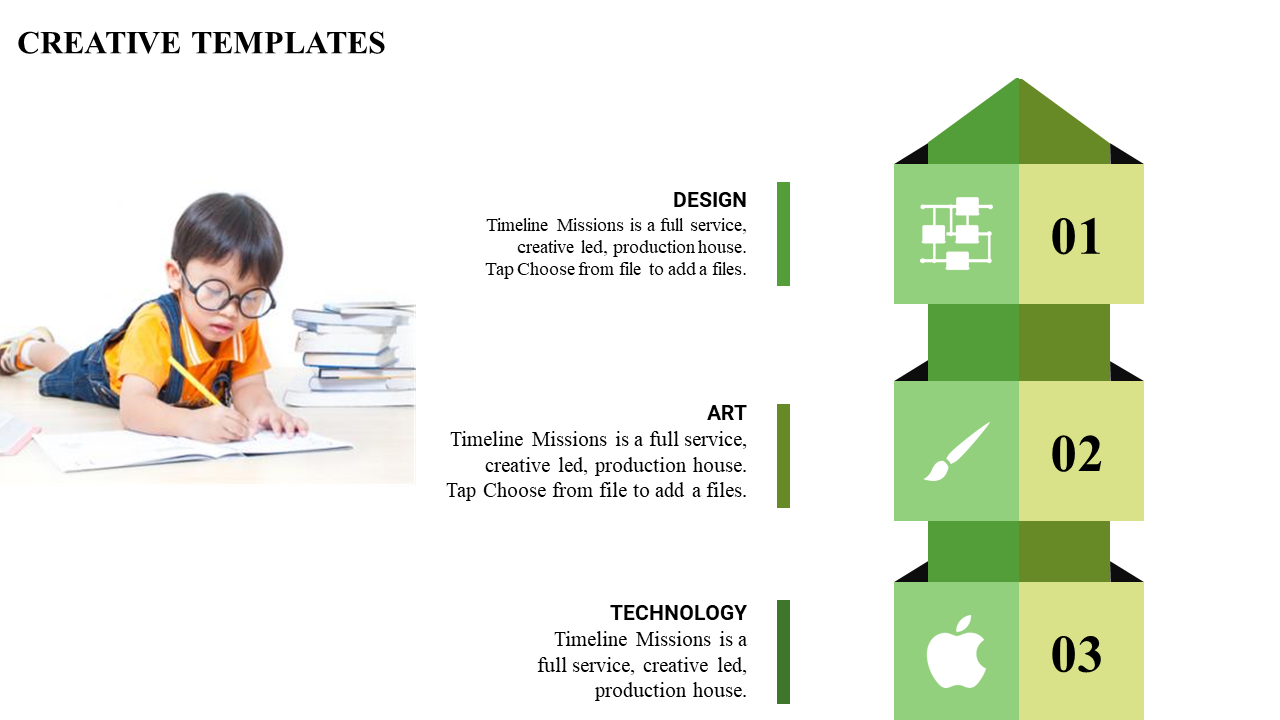 Green vertical infographic with numbers and icons, and a photo of a child writing, placed on a white background.