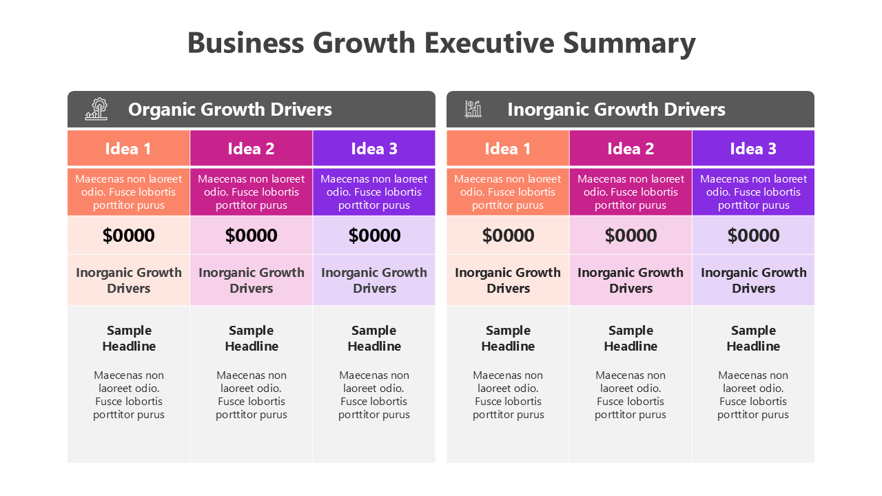 Business growth summary comparing organic and inorganic strategies with financial data and placeholder sections.