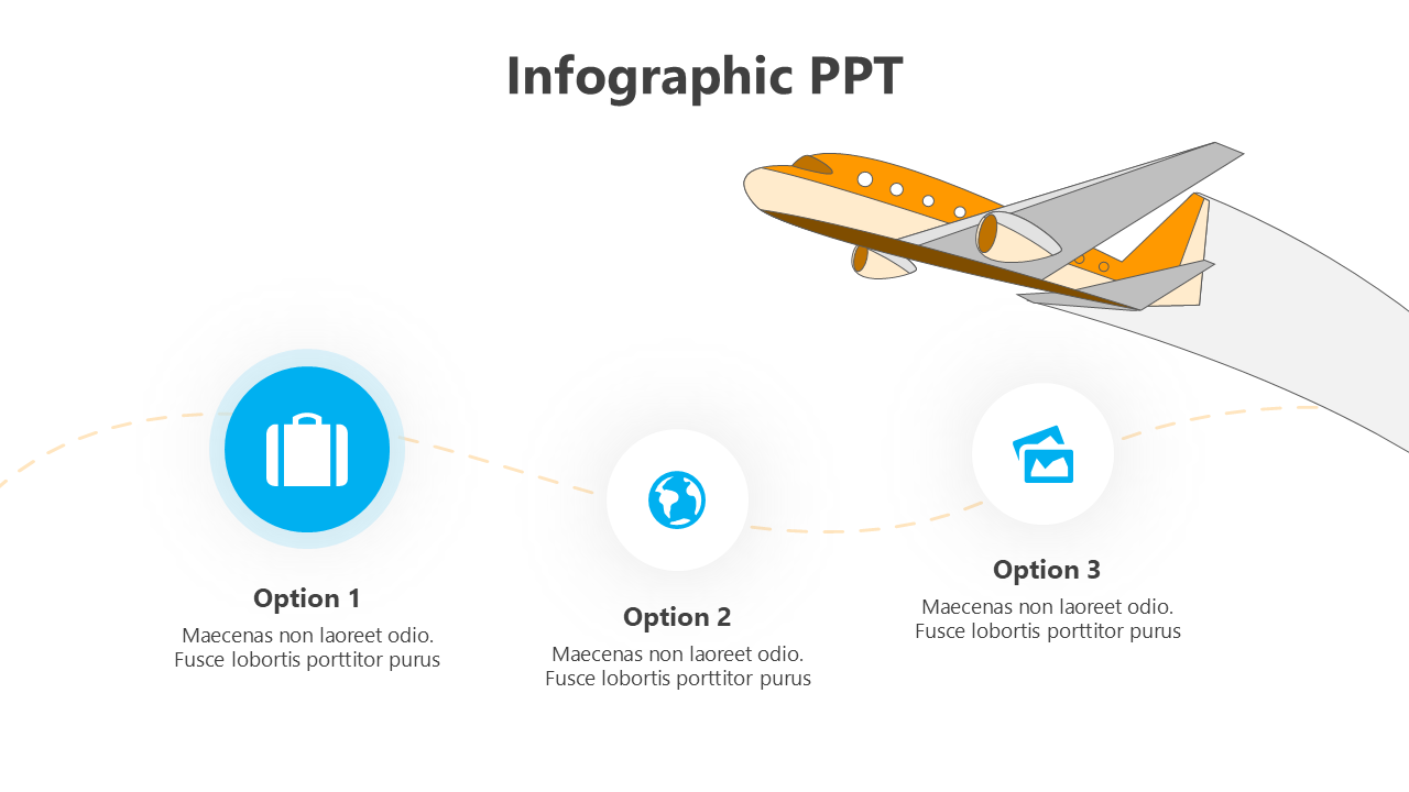 Travel-themed Infographic with airplane, path showing three steps, suitcase icon, globe, and photo on a clean layout.