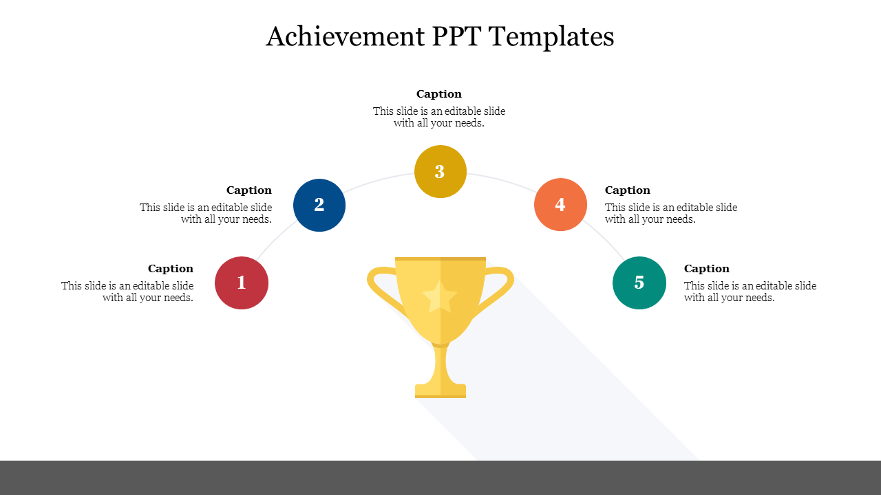 A PowerPoint template showcasing a trophy with five sections for achievements and goals with captions.