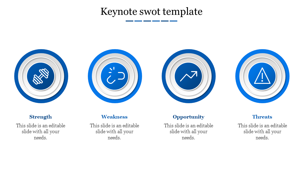 Infographic with four blue and white circles, each containing an icon and labeled for each SWOT category.