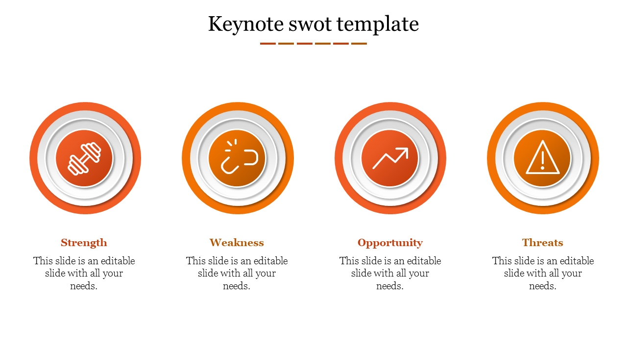 SWOT template with four circular icons in orange and white, each labeled with a category and description.