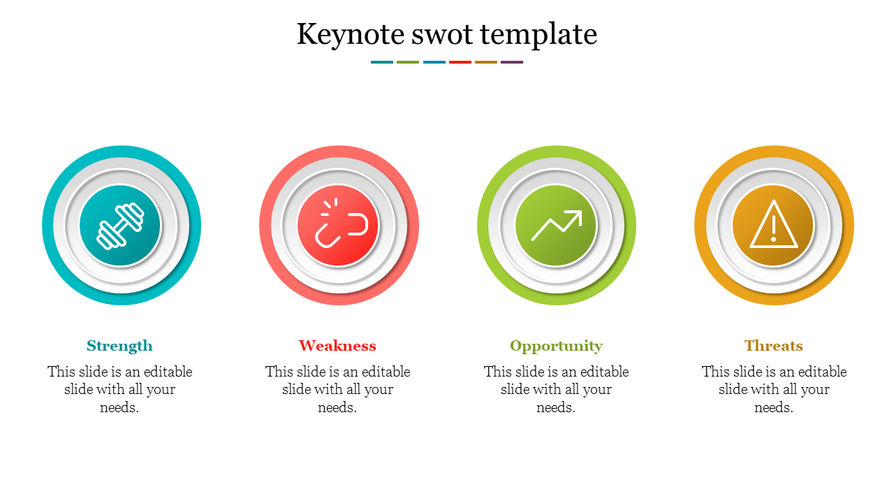 Circular SWOT template with icons for strength, weakness, opportunity, and threats in vibrant colors.