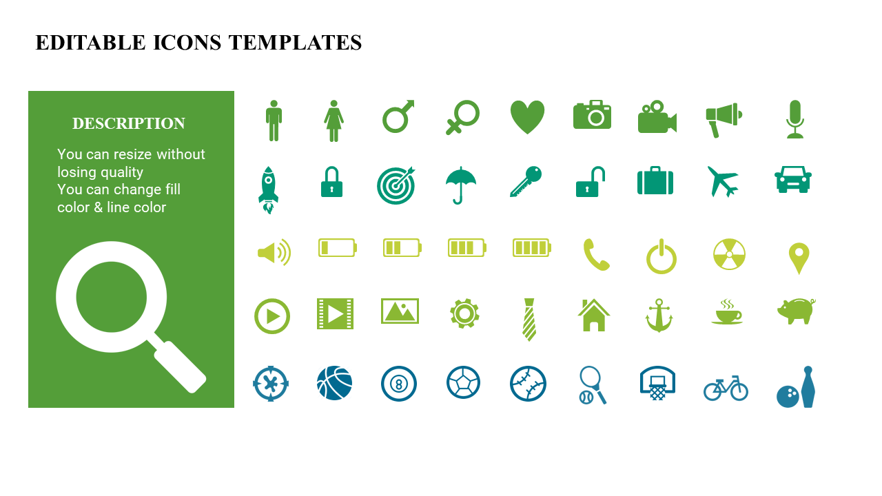 Slide displaying a range of green and blue icons in different shapes with a description text.