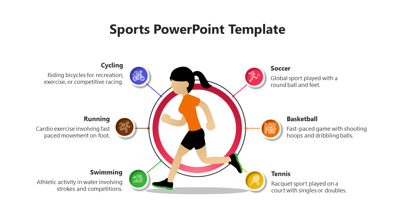 Central illustration of a running figure inside a red circle, surrounded by six sports icons in a radial layout.