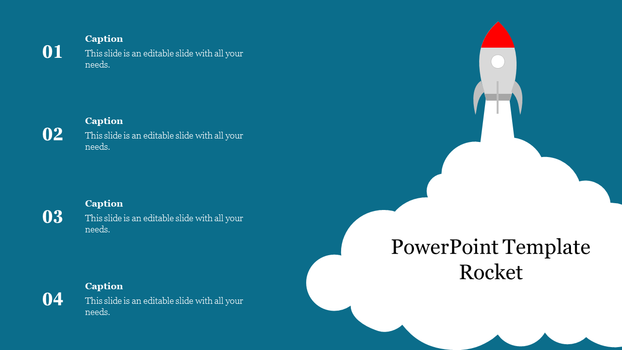 PowerPoint slide featuring a rocket launching from a cloud with numbered captions for content.