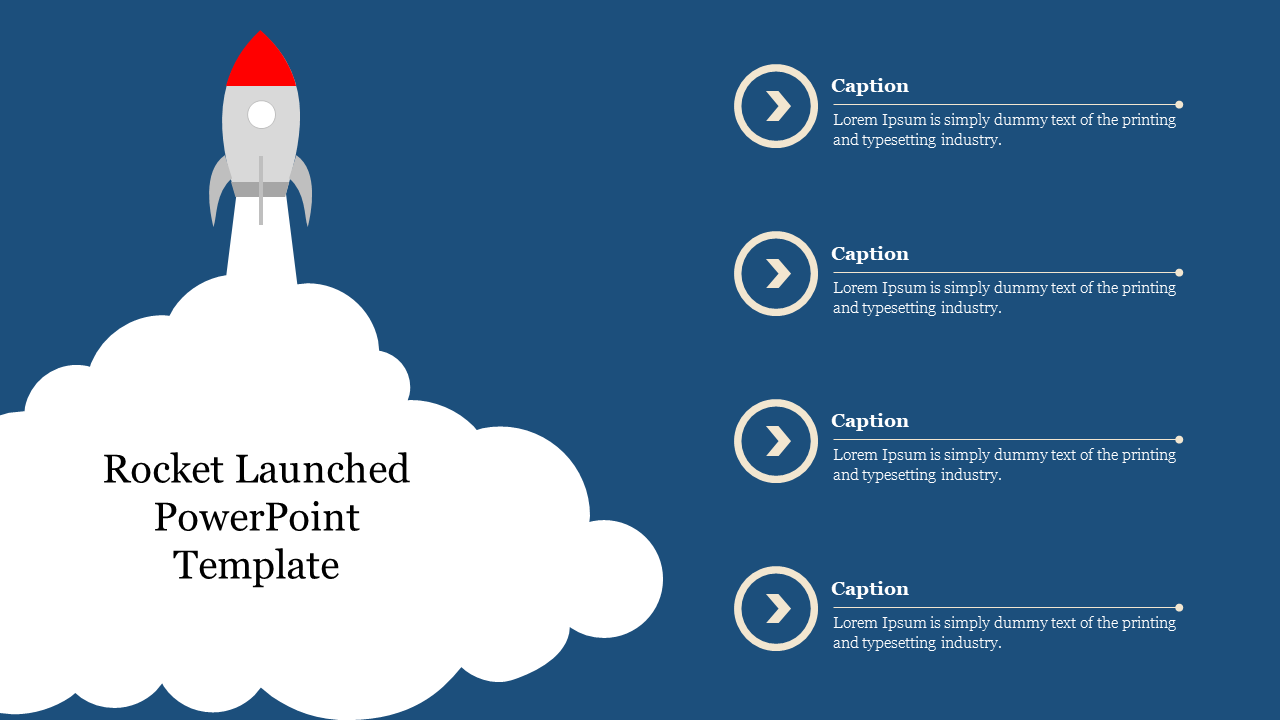 Rocket launch-themed  slide with a rocket and cloud illustration on the left and four captions with circular icons.